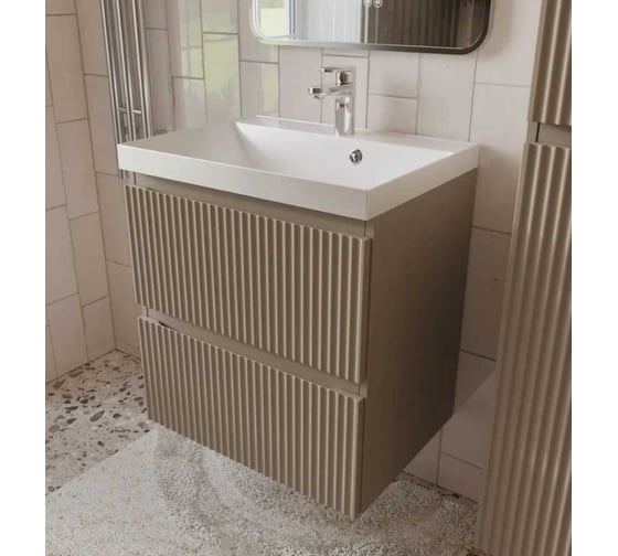 Изображение товара Тумба с раковиной для ванной Mebelvann PULSE 60 см подвесная бежевый/капучино , 2 ящика PUL10602200501A