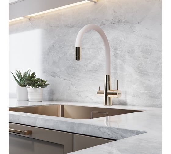 Изображение товара Смеситель для кухни ESKO Coral с подключением к фильтру, корпус золото, бежевый излив, арт. CL03GBG