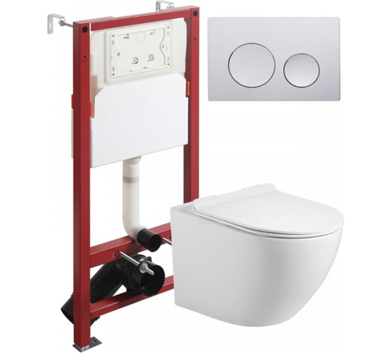 Изображение товара Унитаз подвесной безободковый Agger TORNADO белый с инсталляцией, микролифт, кнопка смыва хром ATI09150+APB100