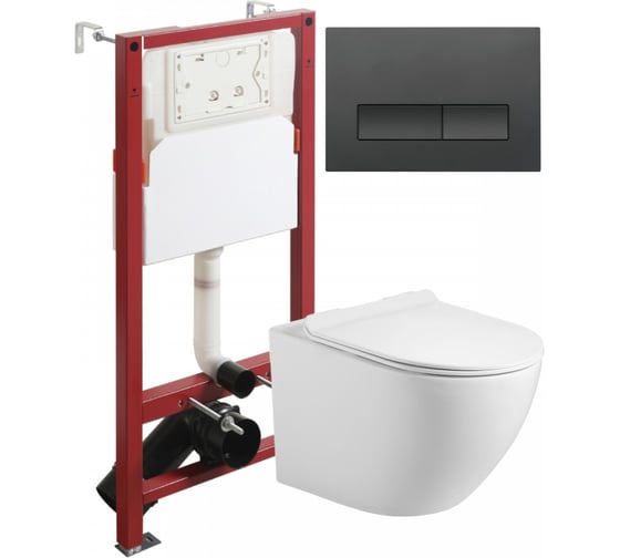 Изображение товара Унитаз подвесной безободковый Agger TORNADO белый с инсталляцией, микролифт, кнопка смыва черная ATI09150+APB244