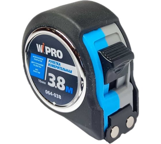 Изображение товара Рулетка WIPRO 3,8мх16мм УФ-этикетка, АБС-пластик, Магнитный упор, обрезиненный корпус, нейлоновое покрытие ленты, двухсторонняя разметка, толщина 0.125 мм 064-038