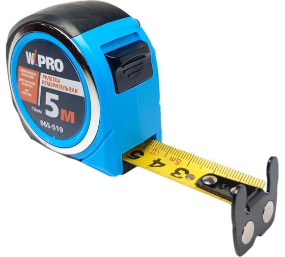Изображение товара Рулетка WIPRO 5мх19 мм, АБС-пластик, двухсторонняя разметка, магнитный двухсторонний упор, каучуковая защита, нейлоновое покрытие ленты, толщина 0.125 мм, ткан. 065-519