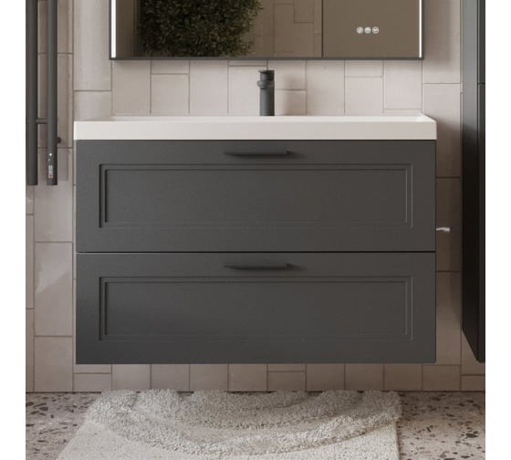 Изображение товара Тумба с раковиной для ванной Mebelvann Arcadia 100 см подвесная серый/антрацит 2 ящика ARC101002701601A