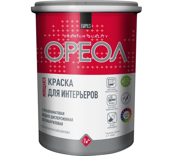 Изображение товара Краска ВД для интерьеров моющаяся глубокоматовая ОРЕОЛ (база С) 0.9 л 85910