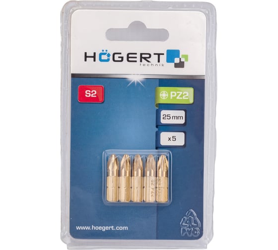 Изображение товара Биты (5 шт; PZ2; 25 мм; сталь S2 TiN) HOEGERT TECHNIK HT1S385