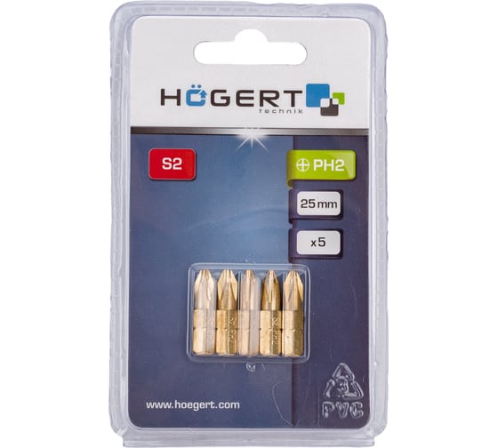 Изображение товара Биты (5 шт; PH2; 25 мм; сталь S2 TiN) HOEGERT TECHNIK HT1S382