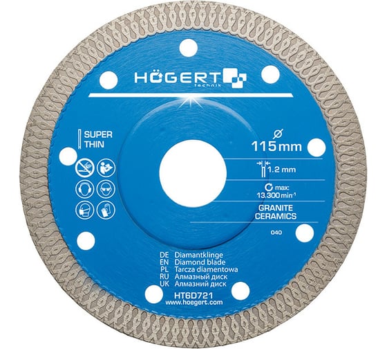 Изображение товара Диск отрезной для плитки (115x1.2x22.2 мм) HOEGERT TECHNIK HT6D721