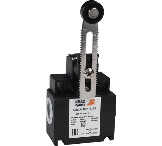 Изображение товара Выключатель концевой КЭАЗ OptiLiS D4N-812M рычаг регулируемый с роликом металлическим EN 50047 XCKT2146P16 365320