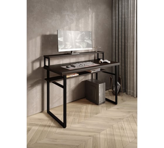 Изображение товара Стол компьютерный Solarius Loft, 120x60 см, с подставкой под монитор и полкой под столешницей, цвета венге с черным металлическим каркасом stol-podstavka-polka-ven-12060-black