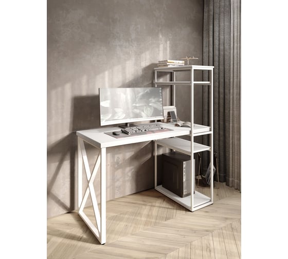 Изображение товара Стол-стеллаж письменный Solarius Loft, 120x60x148 см, с четырьмя полками, белого цвета с белым металлическим каркасом и крестообразной ножкой stol-stellaz-4polki-bel-12060-krest-white