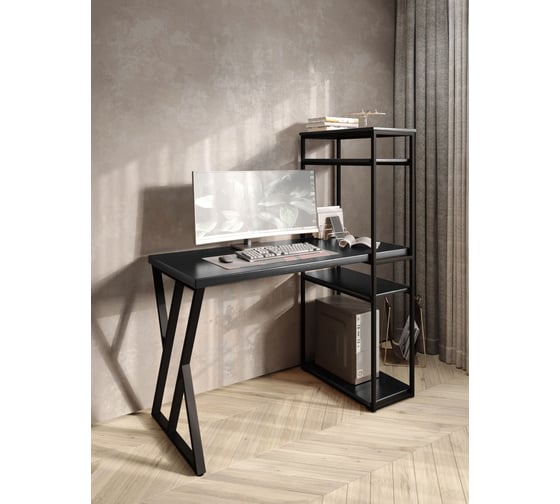 Изображение товара Стол-стеллаж письменный Solarius Loft, 120x60x148 см, с четырьмя полками, цвета черного оникса с черным металлическим каркасом и Z-образной ножкой stol-stellaz-4polki-onix-12060-Z-black