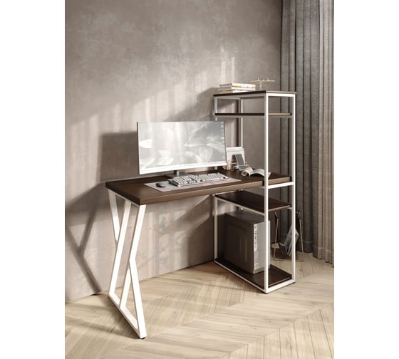 Изображение товара Стол-стеллаж письменный Solarius Loft, 120x60x148 см, с четырьмя полками, цвета темного дуба с белым металлическим каркасом и Z-образной ножкой stol-stellaz-4polki-temd-12060-Z-white