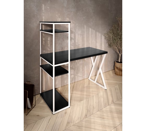 Изображение товара Стол-стеллаж письменный Solarius Loft, 130x60x148 см, с четырьмя полками, цвета черного оникса с белым металлическим каркасом и Z-образной ножкой stol-stellaz-4polki-onix-13060-Z-white