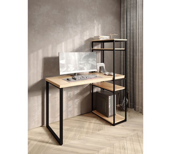 Изображение товара Стол-стеллаж письменный Solarius Loft, 130x60x148 см, с четырьмя полками, без шлифовки и покраски с черными металлическими Лофт ножками stol-stellaz-4polki-net-13060-black