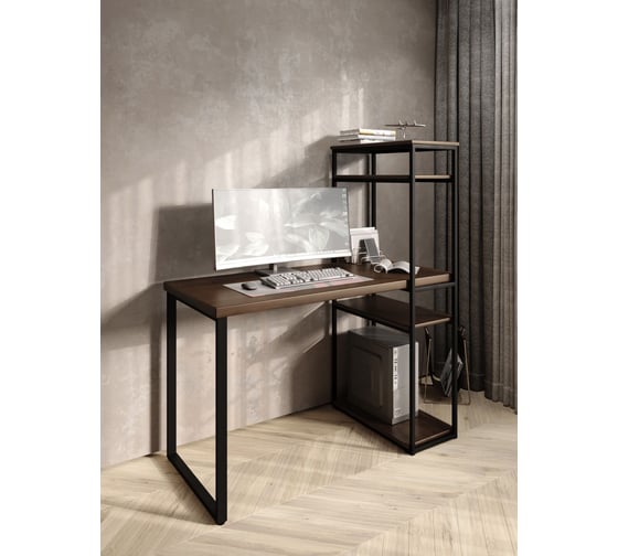 Изображение товара Стол-стеллаж письменный Solarius Loft, 130x60x148 см, с четырьмя полками, цвета темного дуба с черными металлическими Лофт ножками stol-stellaz-4polki-temd-13060-black