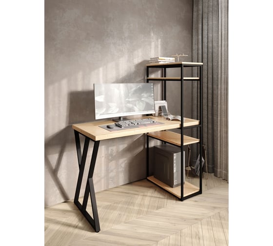 Изображение товара Стол-стеллаж письменный Solarius Loft, 130x60x148 см, с четырьмя полками, без шлифовки и покраски с черным металлическим каркасом и Z-образной ножкой stol-stellaz-4polki-net-13060-Z-black