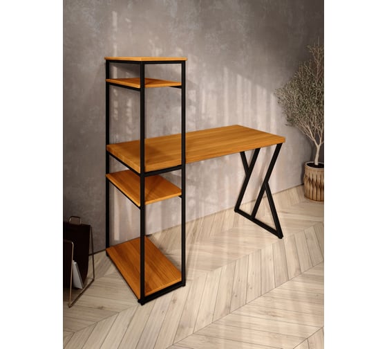 Изображение товара Стол-стеллаж письменный Solarius Loft, 140x60x148 см, с четырьмя полками, цвета ольхи с черным металлическим каркасом и Z-образной ножкой stol-stellaz-4polki-olha-14060-Z-black