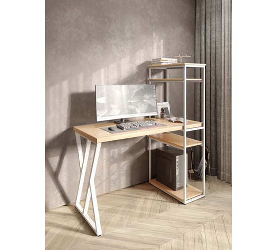 Изображение товара Стол-стеллаж письменный Solarius Loft, 140x60x148 см, с четырьмя полками, без шлифовки и покраски с белым металлическим каркасом и Z-образной ножкой stol-stellaz-4polki-net-14060-Z-white