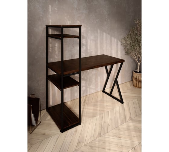 Изображение товара Стол-стеллаж письменный Solarius Loft, 140x60x148 см, с четырьмя полками, цвета венге с черным металлическим каркасом и Z-образной ножкой stol-stellaz-4polki-ven-14060-Z-black