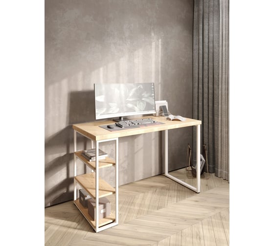 Изображение товара Стол письменный Solarius Loft, 120x60x76.5 см, открытая тумба с тремя полками, компьютерный стол без шлифовки и покраски с белыми металлическими Лофт ножками stol-tumba-3polki-net-12060-white