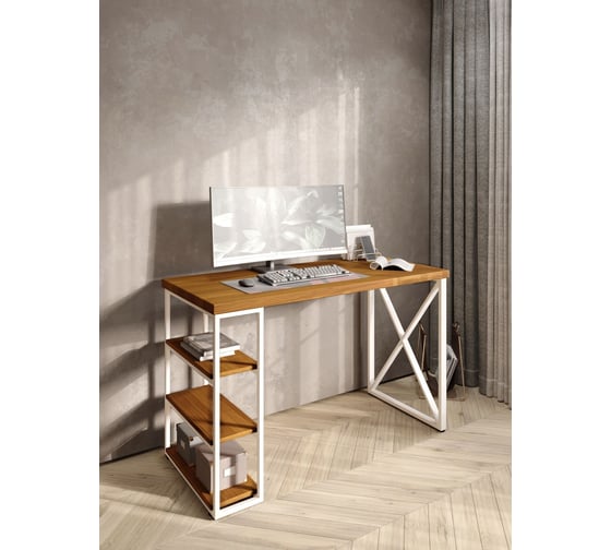 Изображение товара Стол письменный Solarius Loft, 140x60x76.5 см, открытая тумба с тремя полками, компьютерный стол цвета ольхи с белыми металлическими крестообразными ножками stol-tumba-3polki-olha-14060-krest-white