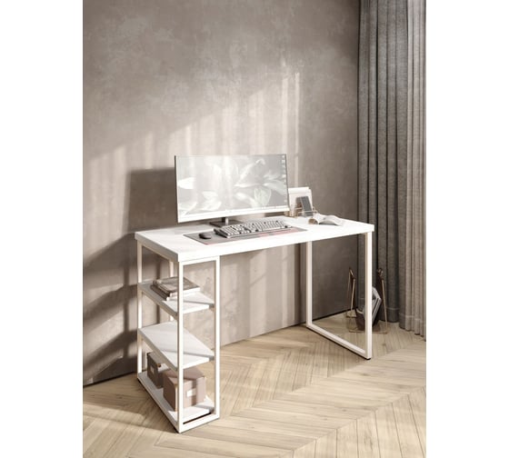 Изображение товара Стол письменный Solarius Loft, 90x60x76.5 см, открытая тумба с тремя полками, компьютерный стол белого цвета с белыми металлическими Лофт ножками stol-tumba-3polki-bel-9060-white