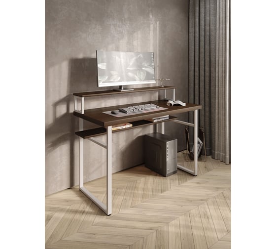 Изображение товара Стол компьютерный Solarius Loft, 140x60 см, с подставкой под монитор и полкой под столешницей, цвета темного дуба с белым металлическим каркасом stol-podstavka-polka-temd-14060-white