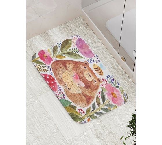 Изображение товара Коврик противоскользящий JoyArty "Добрый медведь в цветах" для ванной, сауны, бассейна, bath_14555
