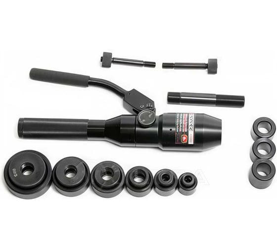 Изображение товара Пробойник гидравлический ручной Rockforce 8т(Ø22, 27.5, 34, 43, 49, 60мм, сталь нерж.-1.6мм, медь/алюм.-3.2мм,ход штока-22мм), в кейсе RF-71002E(56542)