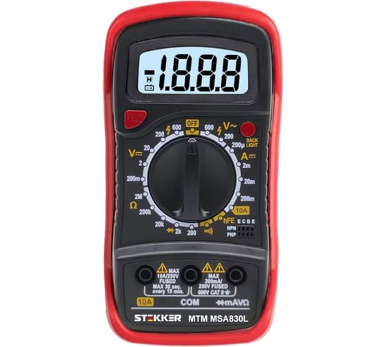 Изображение товара Мультиметр цифровой STEKKER MTM MAS830L 1999 отсчетов, батарея крона, ручная 49994