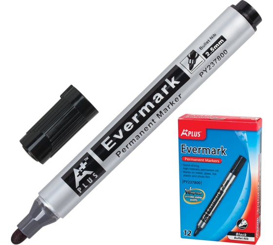 Изображение товара Маркер перманентный (нестираемый) ОФИСМАГ BEIFA (Бэйфа) A Plus, 12 шт ЧЕРНЫЙ, кругл. наконечник 2,5мм,PY237800-BK 150781