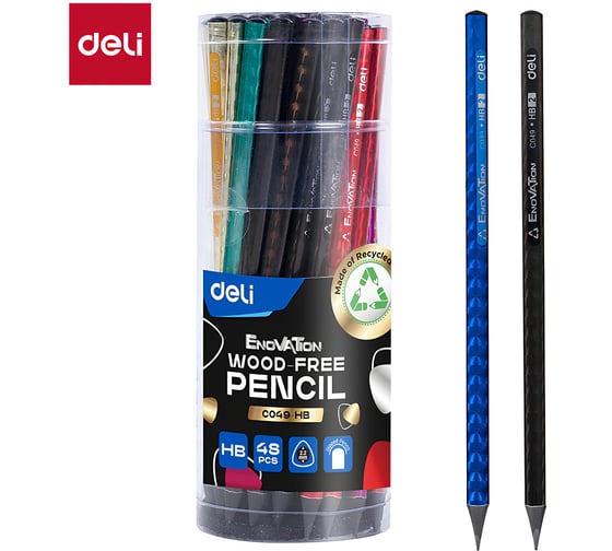 Изображение товара Набор карандашей графитовый DELI 48 шт в упаковке, твердо-мягкий, принт Ennovation-Laser, трехгранный черный корп, EC049-HB