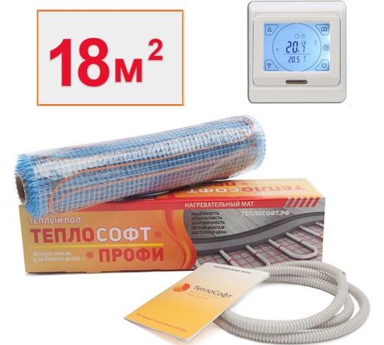 Изображение товара Нагревательный мат Профи 18м.кв. 2700 Вт с сенсорным терморегулятором ТеплоСофт 182700/4