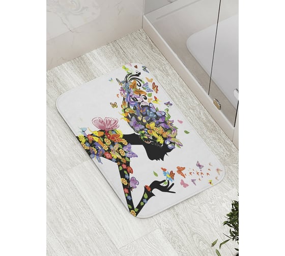 Изображение товара Коврик противоскользящий JoyArty "Цветочная девушка в бабочках" для ванной, сауны, бассейна, bath_11017