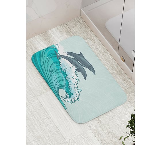 Изображение товара Коврик противоскользящий JoyArty "Дельфины против волны" для ванной, сауны, бассейна, bath_11861