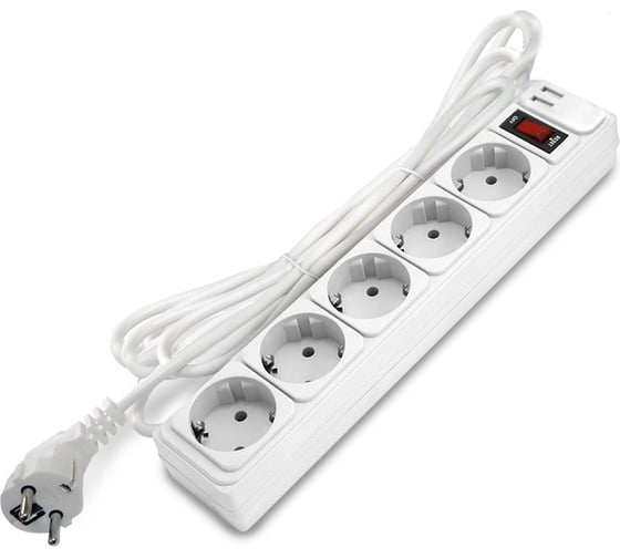 Изображение товара Фильтр-удлинитель DOMTOK 5 гнезд с USB type-A + type-A, ПВС 3*1, 10А/2,2кВт, выключатель с индикацией, с заземлением, белый, 1,8м 2564