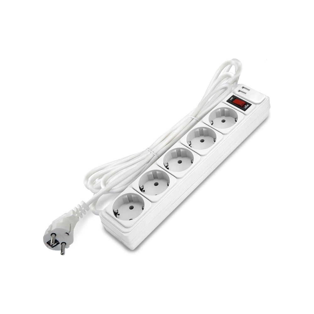 Изображение товара Фильтр-удлинитель DOMTOK 5 гнезд с USB type-A + type-A, ПВС 3*1, 10А/2,2кВт, выключатель с индикацией, с заземлением, белый, 5м 2566