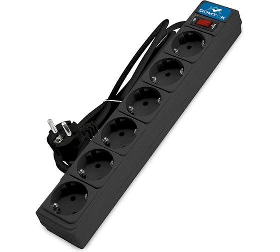 Изображение товара Фильтр-удлинитель DOMTOK 6 гнезд, ПВС 3*1, 10А/2,2кВт, выключатель с индикацией, с заземлением, черный, 3м 2522