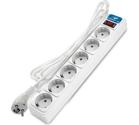 Изображение товара Фильтр-удлинитель DOMTOK 6 гнезд, ПВС 3*1, 10А/2,2кВт, выключатель с индикацией, с заземлением, белый, 5м 2517