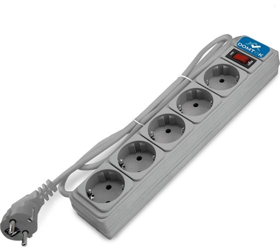 Изображение товара Фильтр-удлинитель DOMTOK 5 гнезд, ПВС 3*1, 10А/2,2кВт, выключатель с индикацией, с заземлением, серый, 3м 2533