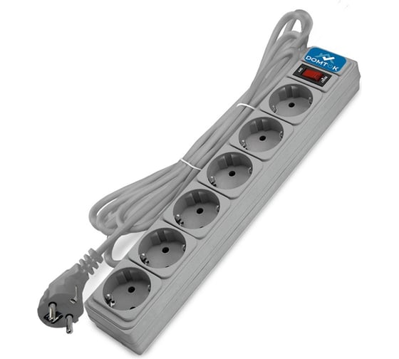 Изображение товара Фильтр-удлинитель DOMTOK 6 гнезд, ПВС 3*1, 10А/2,2кВт, выключатель с индикацией, с заземлением, серый, 1,8м 2518