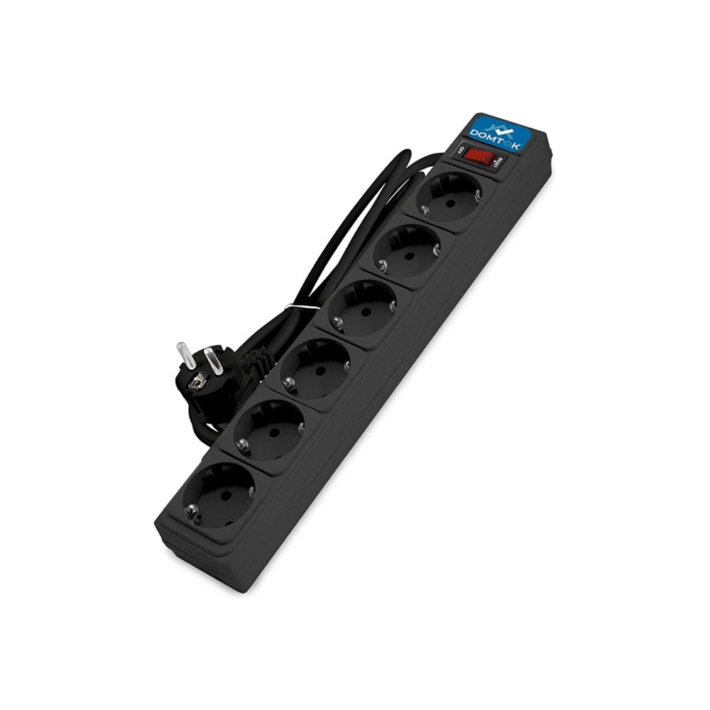 Изображение товара Фильтр-удлинитель DOMTOK 6 гнезд, ПВС 3*1, 10А, выключатель с индикацией, заземление, черный, 1,8м