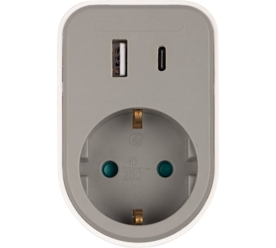 Изображение товара Разветвитель-адаптер с заземлением Jаzzway 16А AD-1GAC-gy серый, защитные шторки, 2 USB порта(А+С) 5 5064003