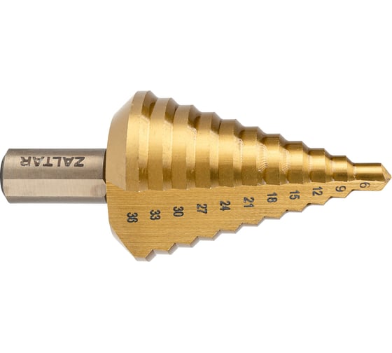 Изображение товара Сверло ступенчатое ZALTAR HSS TiN, 9-36 мм, прямая канавка, трехплоскостной хвостовик ZA-05349