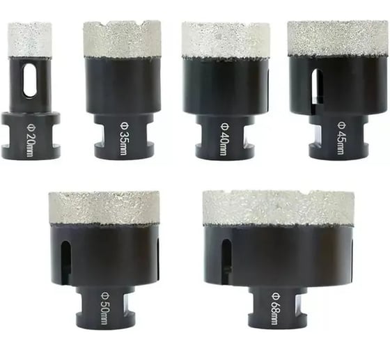 Изображение товара Набор вакуумных коронок IRBISDIAM 20мм, 35мм, 40 мм, 45 мм, 50 мм, 68 мм, для сверления керамической плитки и керамогранита KIT2068