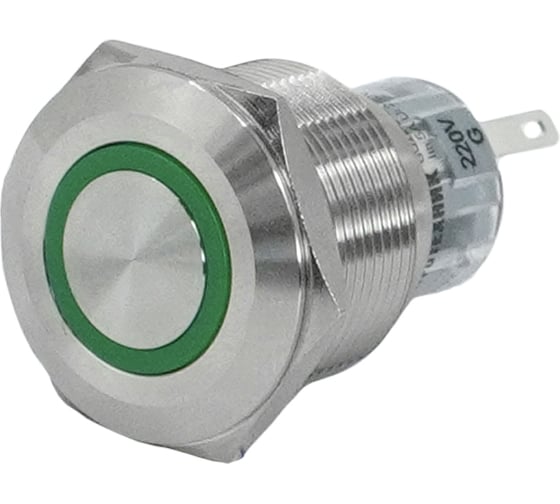 Изображение товара Электротехник GQ22-L-11E/G/220V/S, металл, зелёный, 1C1NO1NC, цилиндр с подсветкой 220В AC/DC, d22мм, IP65, выключатель кнопочный ET020093