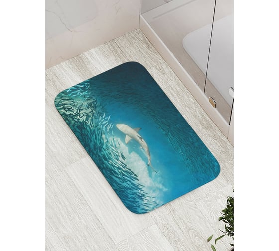 Изображение товара Коврик противоскользящий JoyArty "Акула в косяке рыб" для ванной, сауны, бассейна, bath_17287