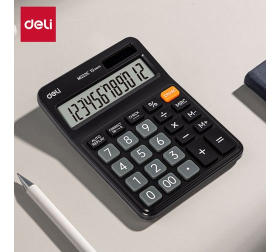 Изображение товара Калькулятор настольный DELI Askend, EM222С, 12 разрядов, двойное питание, 150х110х28мм, пластик, черный, EM222C