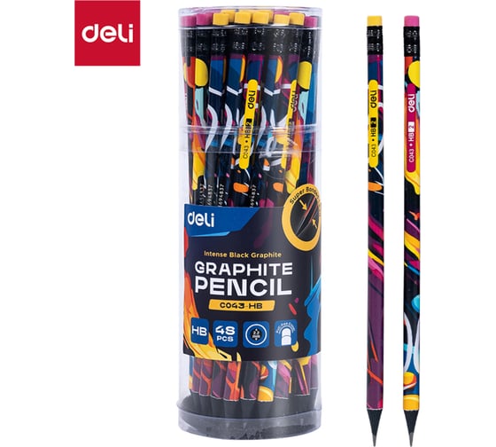 Изображение товара Набор карандашей графитовых DELI 48 шт в упаковке, твердо-мягкий, принт Paint texture, круглый черный корпус, тол, EC043-HB