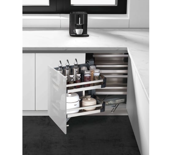 Изображение товара Выдвижные угловые лотки Mebax хром. железо, модуль 900-1000мм, 490х830х(600-750), левый 00-00003249